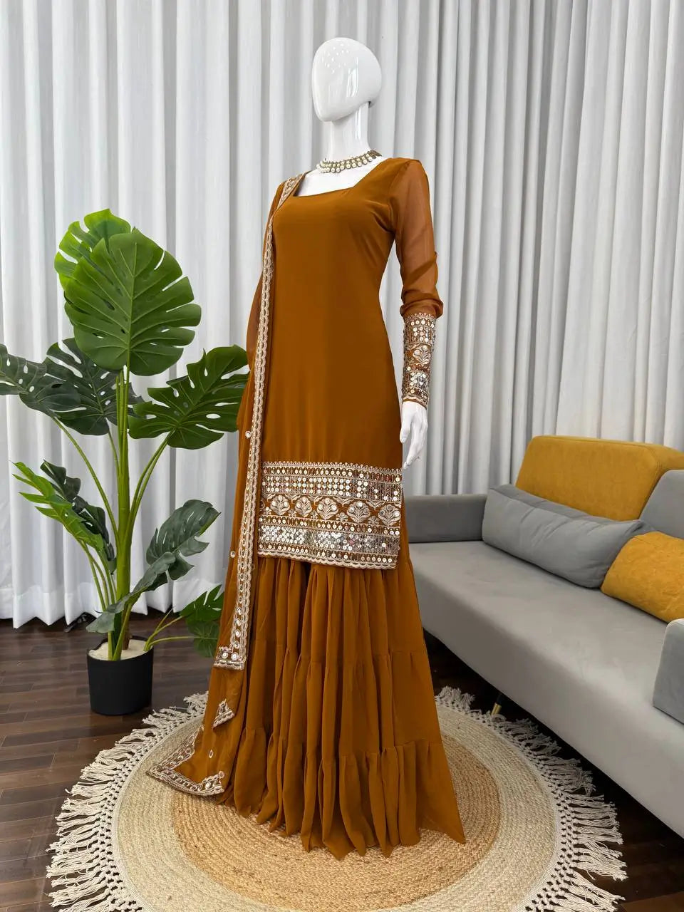 Mustard Faux Georgette Sharara Suit with Embroidered Dupatta