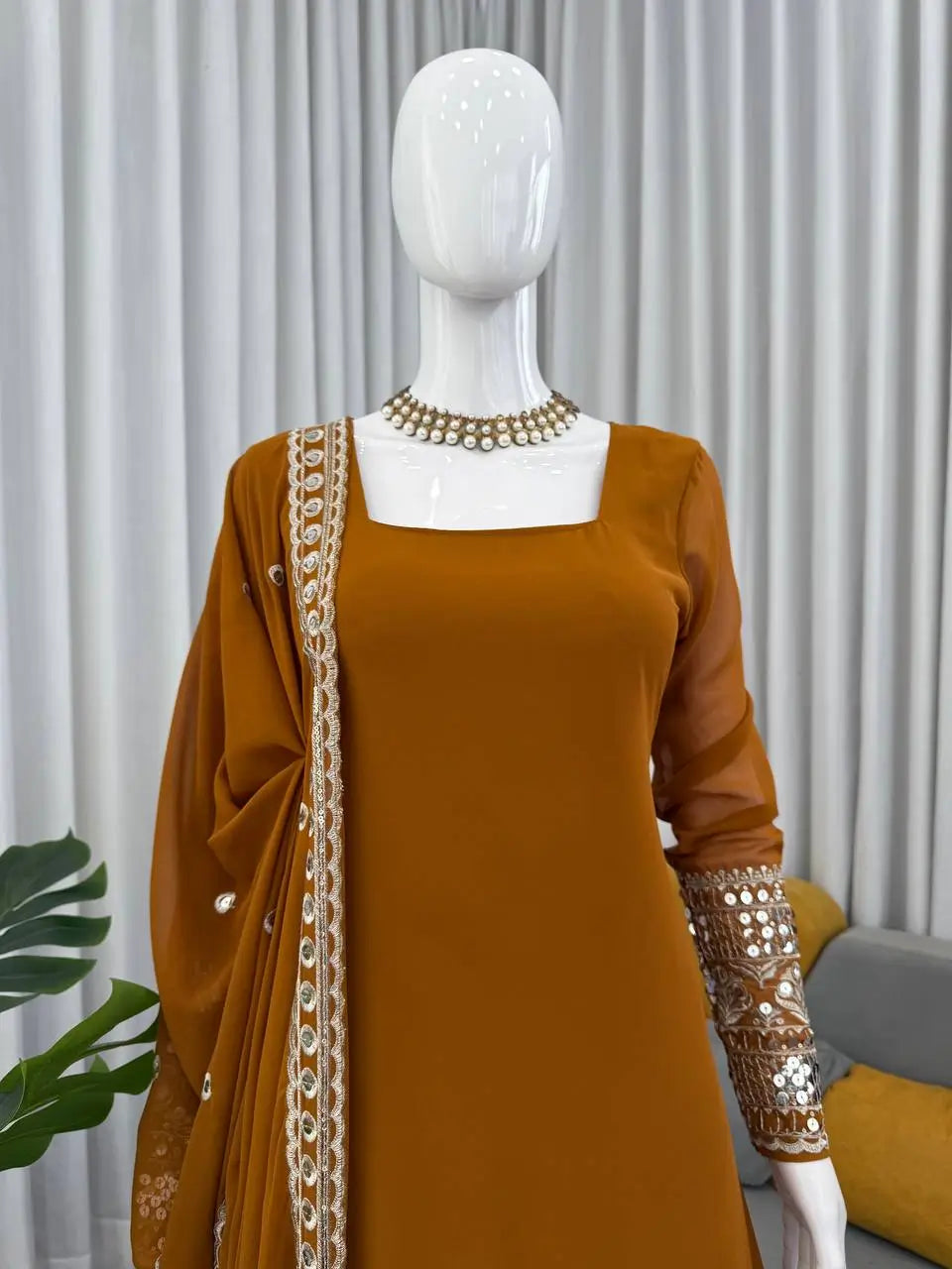 Mustard Faux Georgette Sharara Suit with Embroidered Dupatta