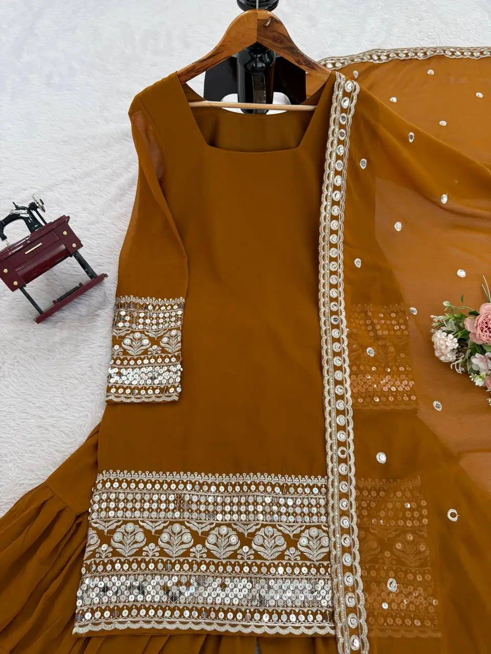 Mustard Faux Georgette Sharara Suit with Embroidered Dupatta