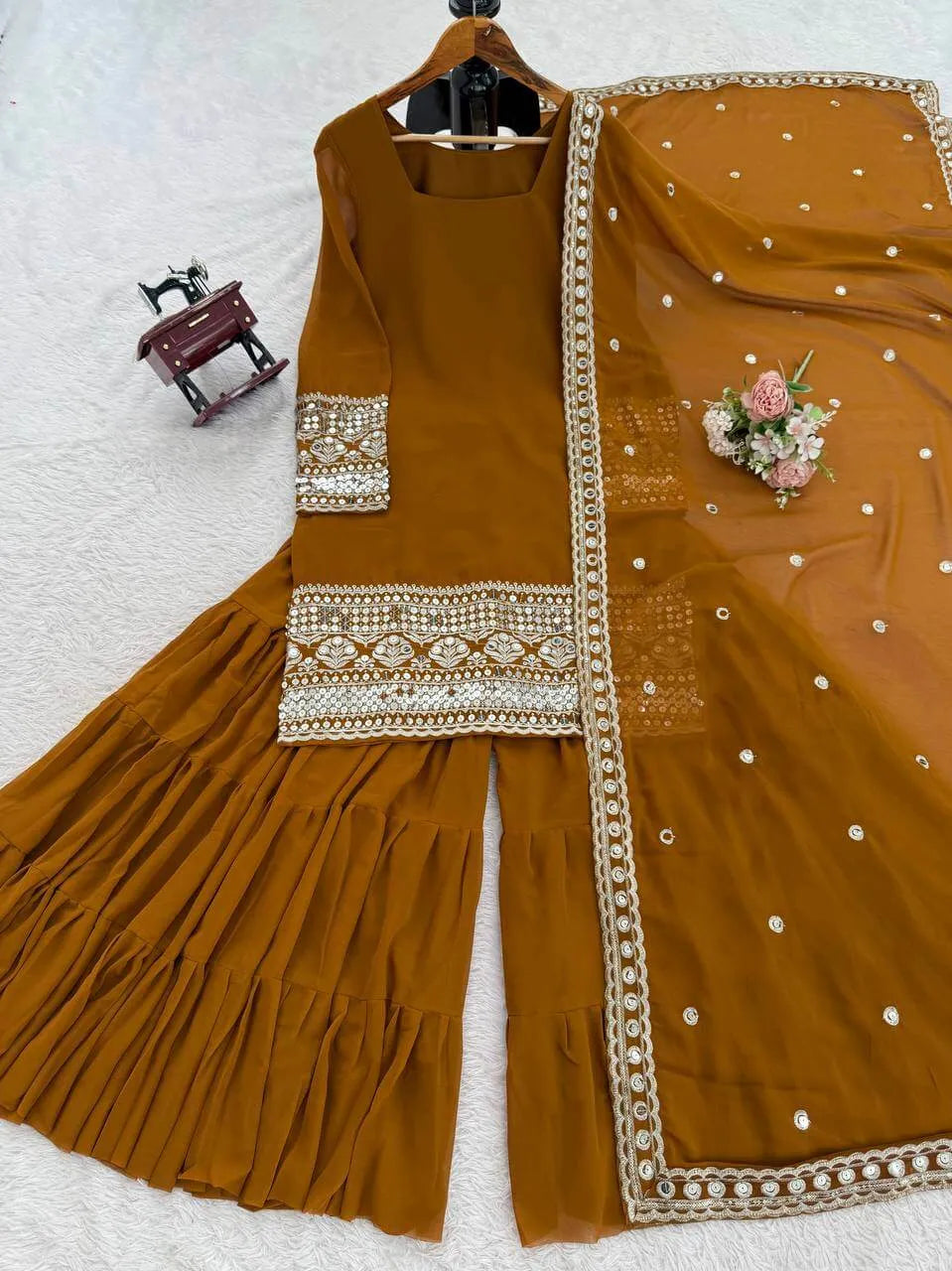 Mustard Faux Georgette Sharara Suit with Embroidered Dupatta