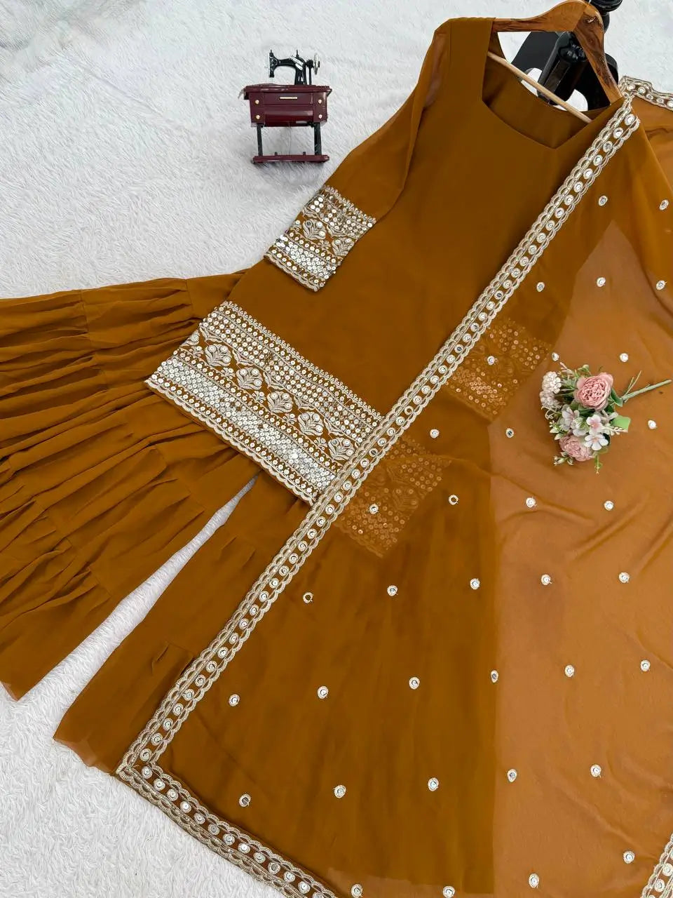 Mustard Faux Georgette Sharara Suit with Embroidered Dupatta