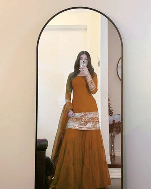 Mustard Faux Georgette Sharara Suit with Embroidered Dupatta