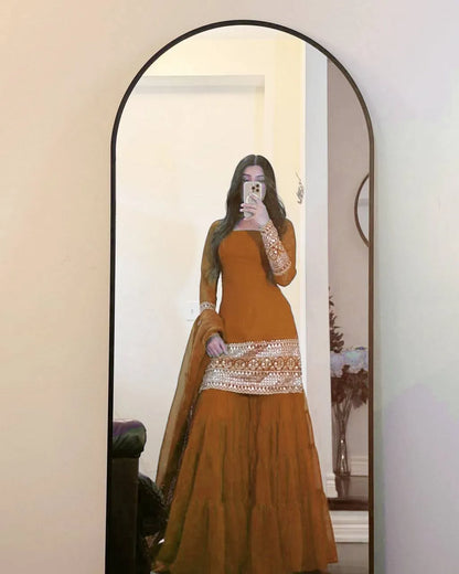 Mustard Faux Georgette Sharara Suit with Embroidered Dupatta