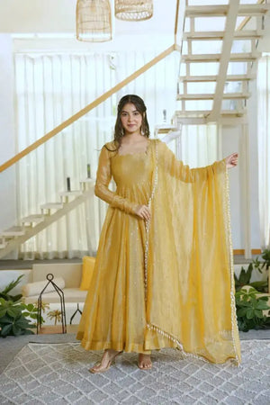 Mustard Foil Work Shimmer Gown