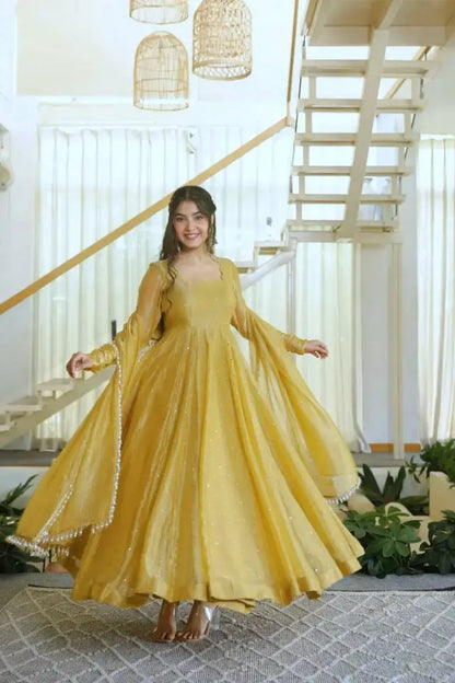 Mustard Foil Work Shimmer Gown