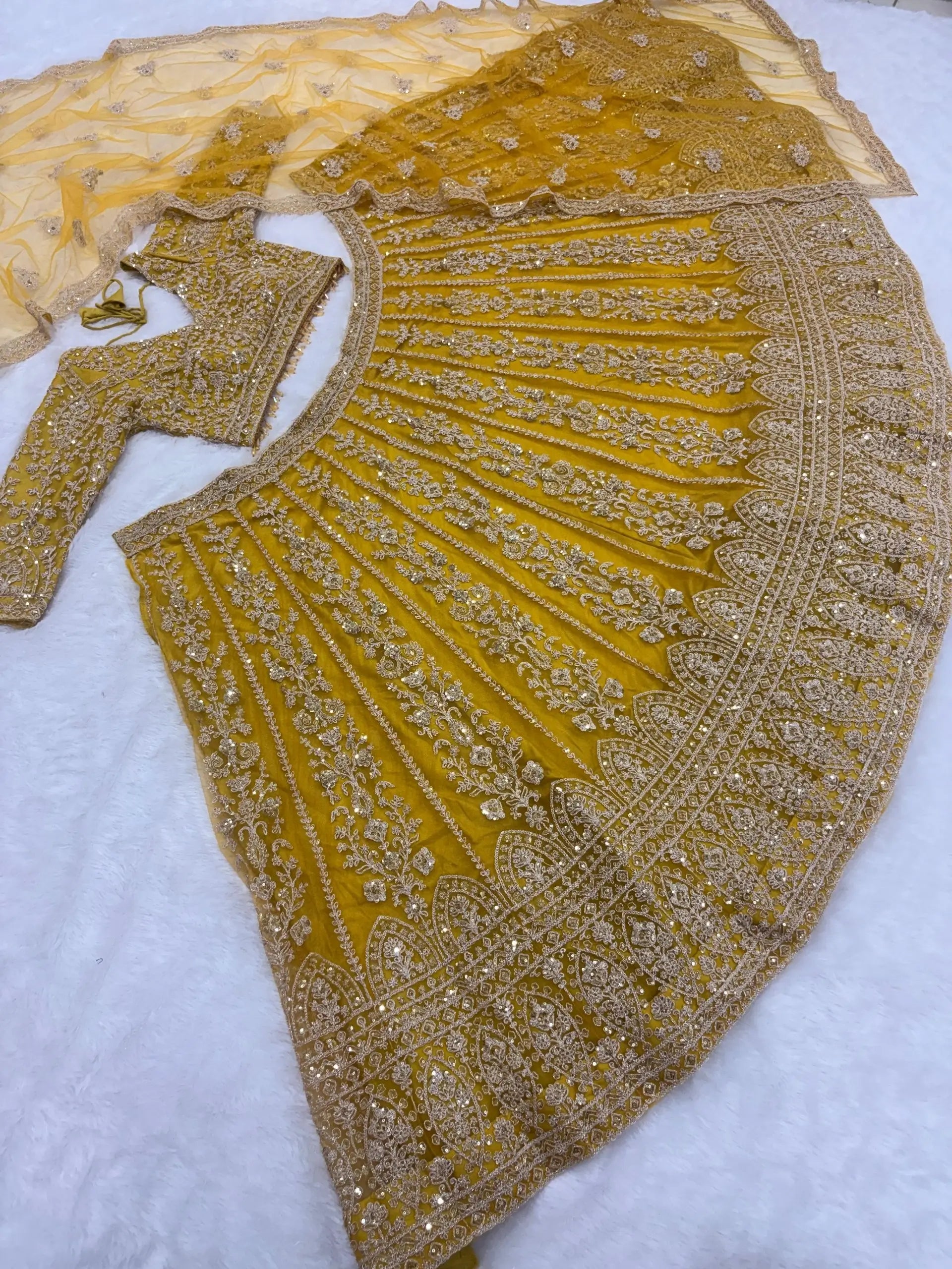 Mustard Net Sequin Embroidery Lehenga