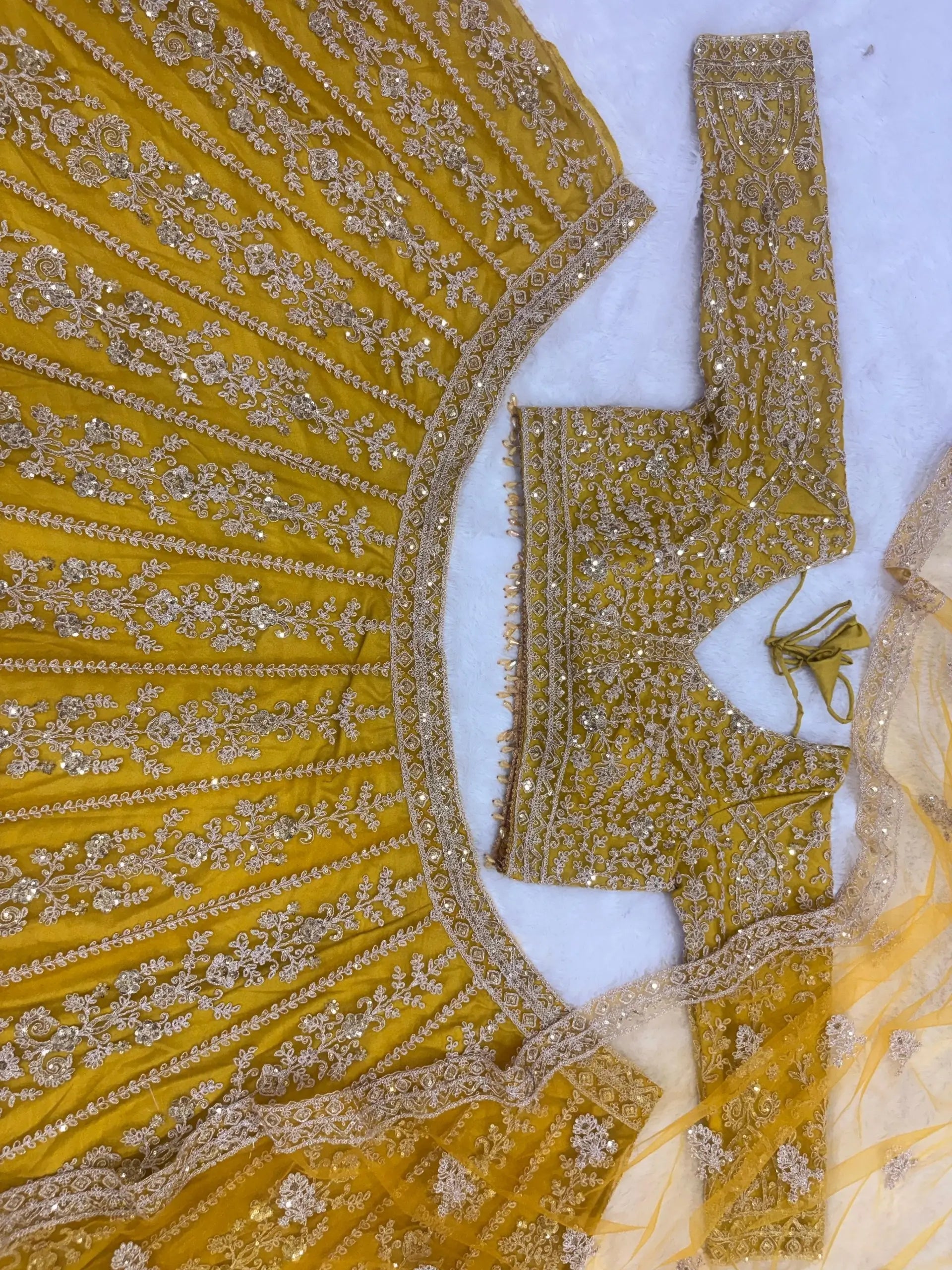 Mustard Net Sequin Embroidery Lehenga