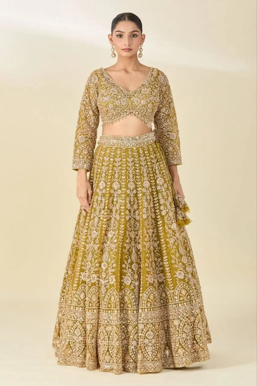Mustard Net Sequin Embroidery Lehenga