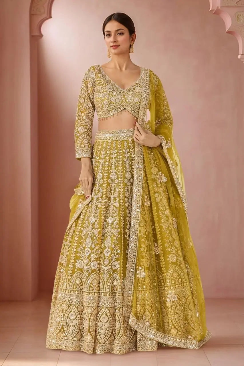 Mustard Net Sequin Embroidery Lehenga