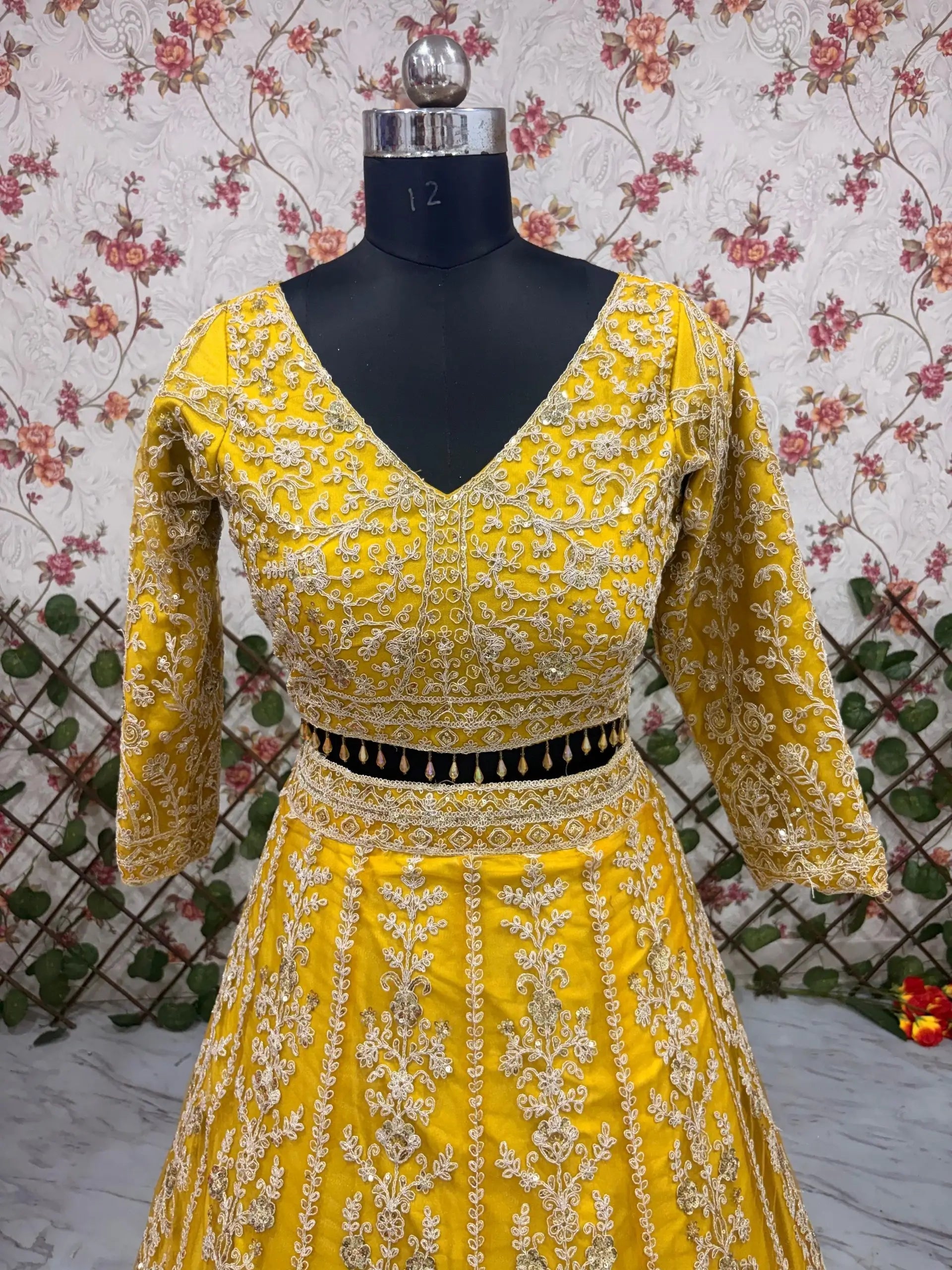 Mustard Net Sequin Embroidery Lehenga
