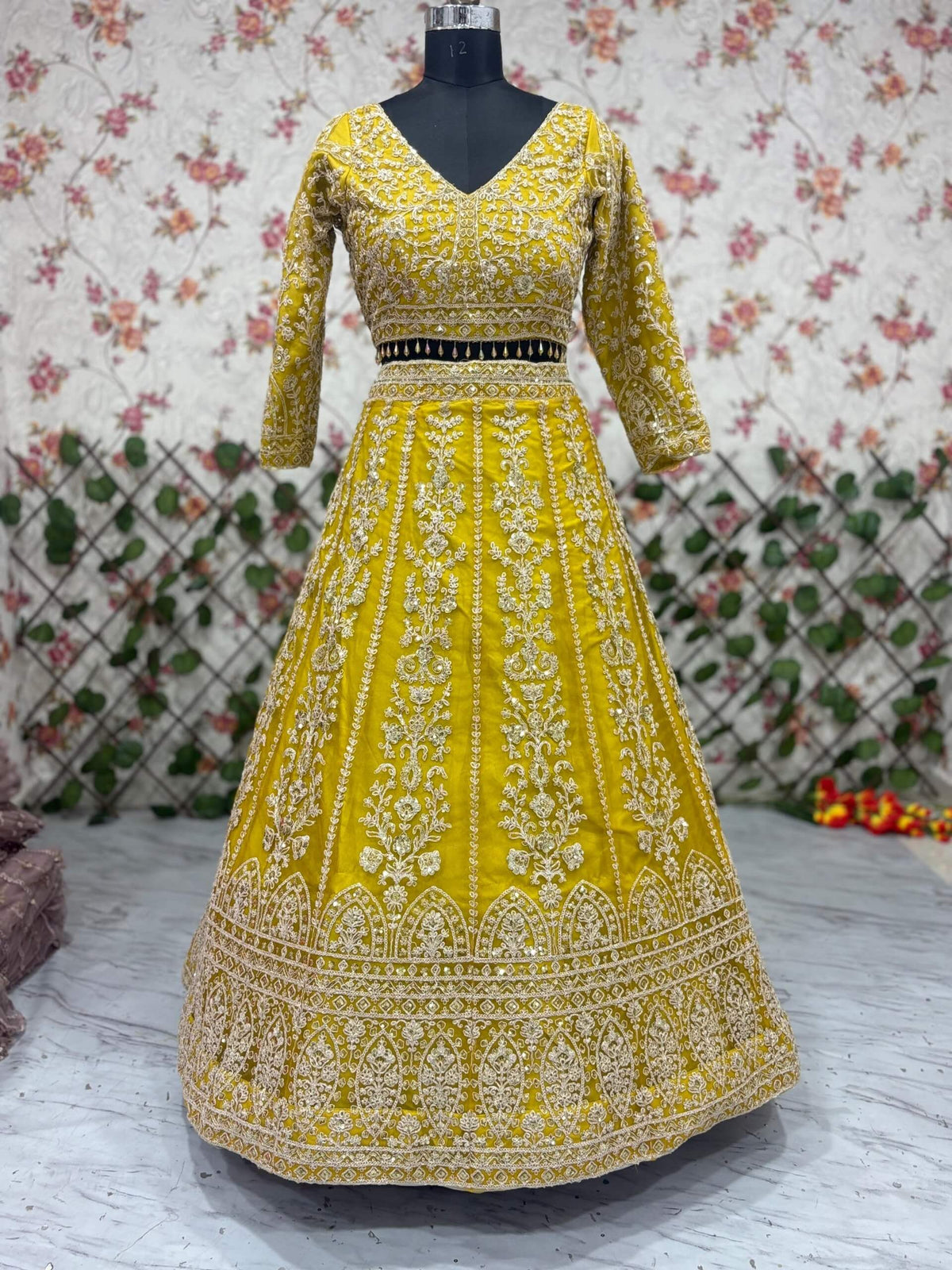 Mustard Net Sequin Embroidery Lehenga