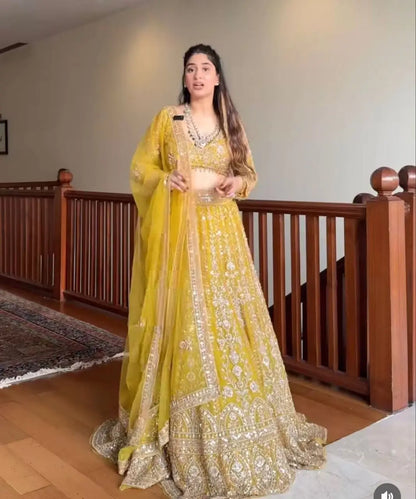 Mustard Net Sequin Embroidery Lehenga