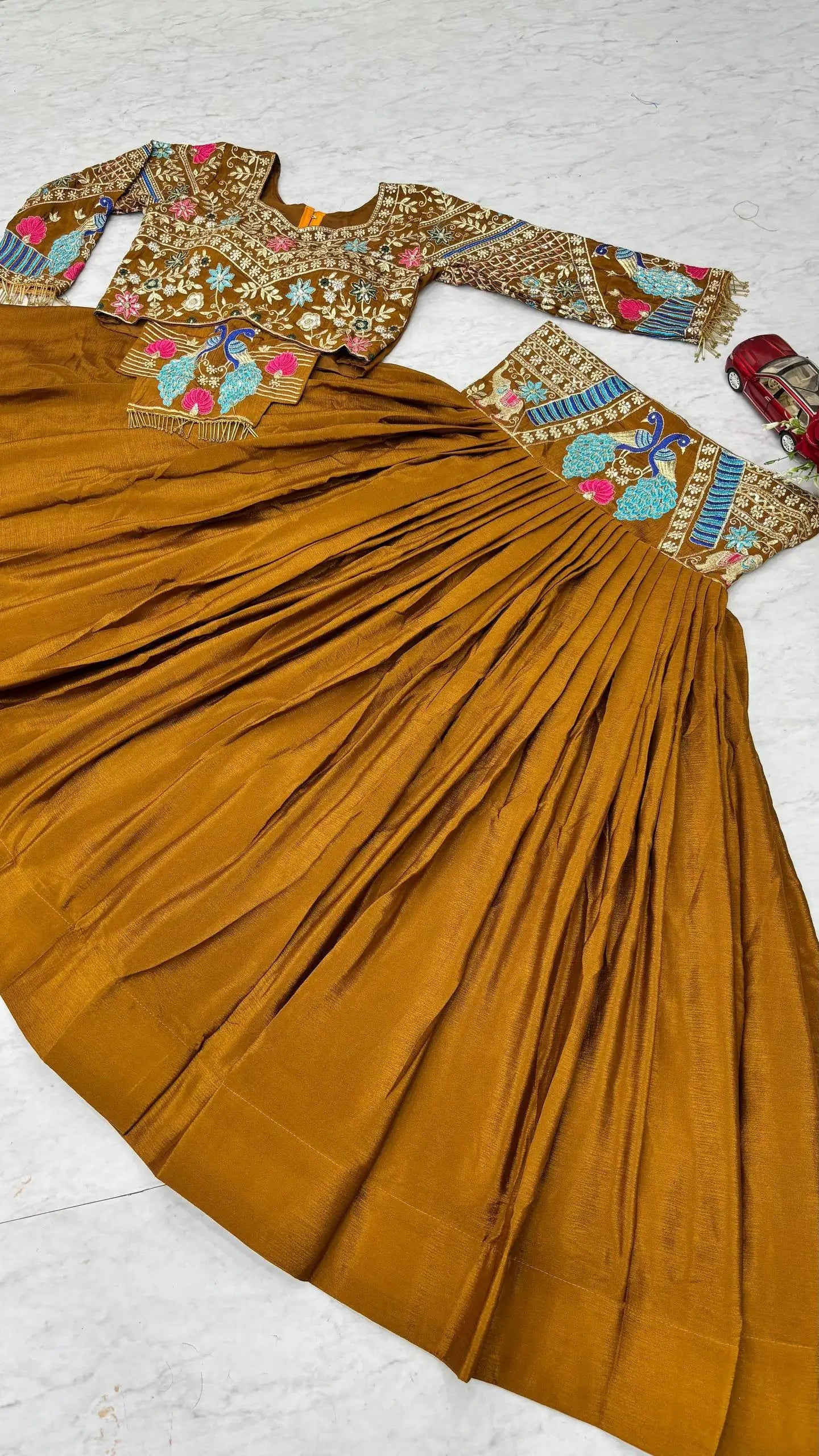 Mustard Peacock Chinon Lehenga Set