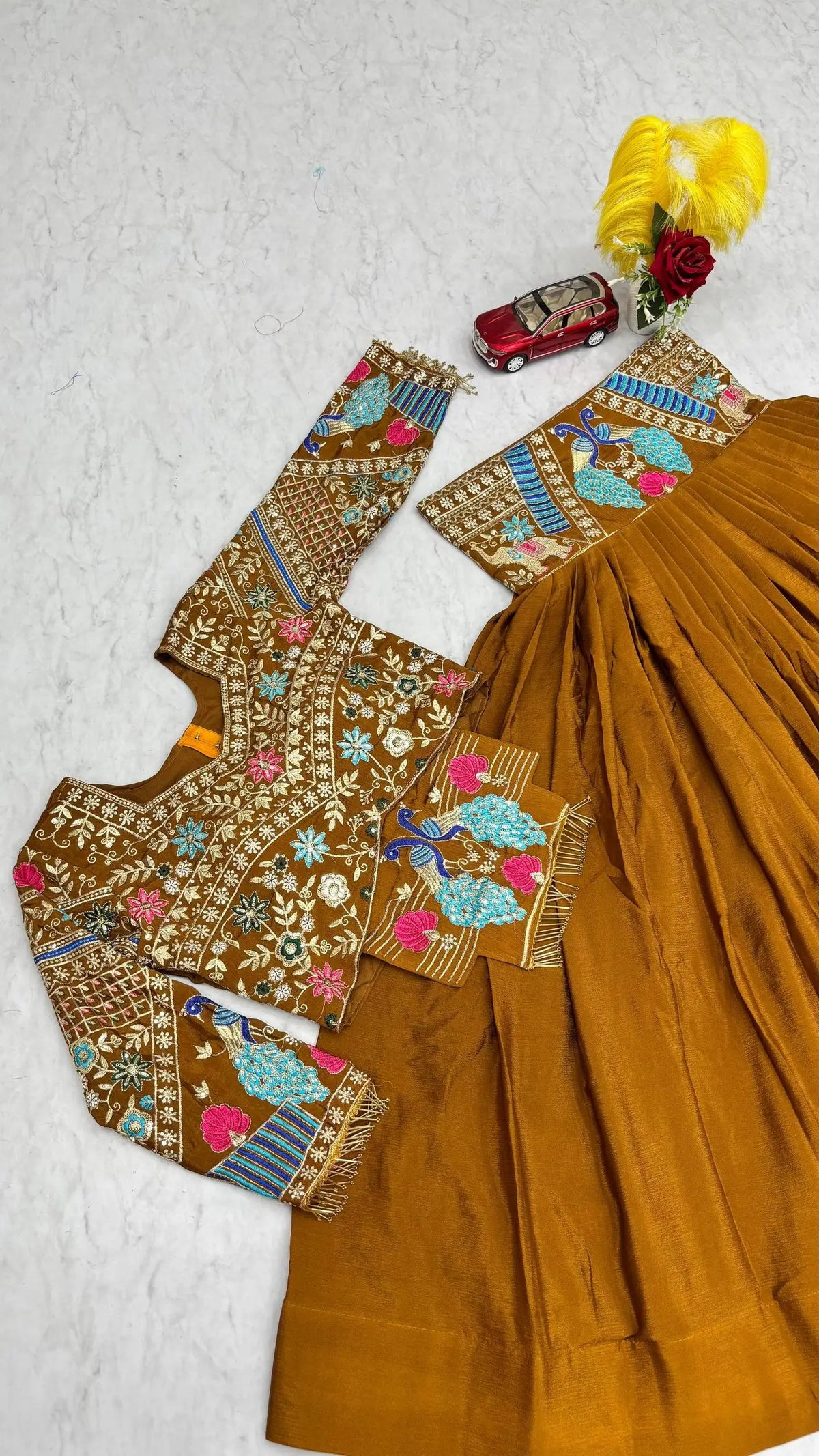 Mustard Peacock Chinon Lehenga Set