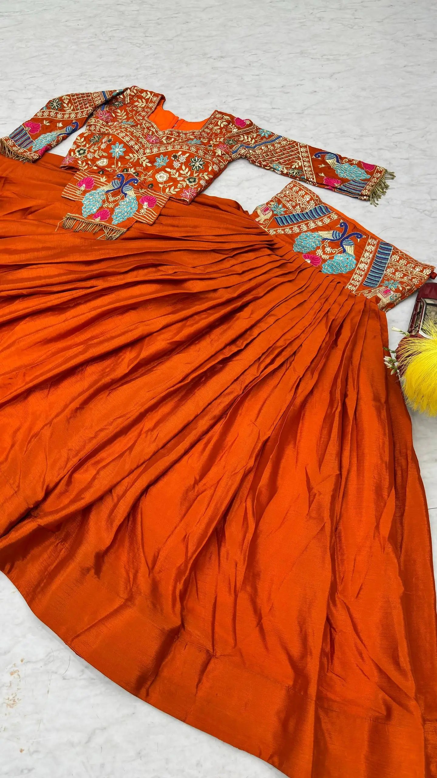 Mustard Peacock Chinon Lehenga Set