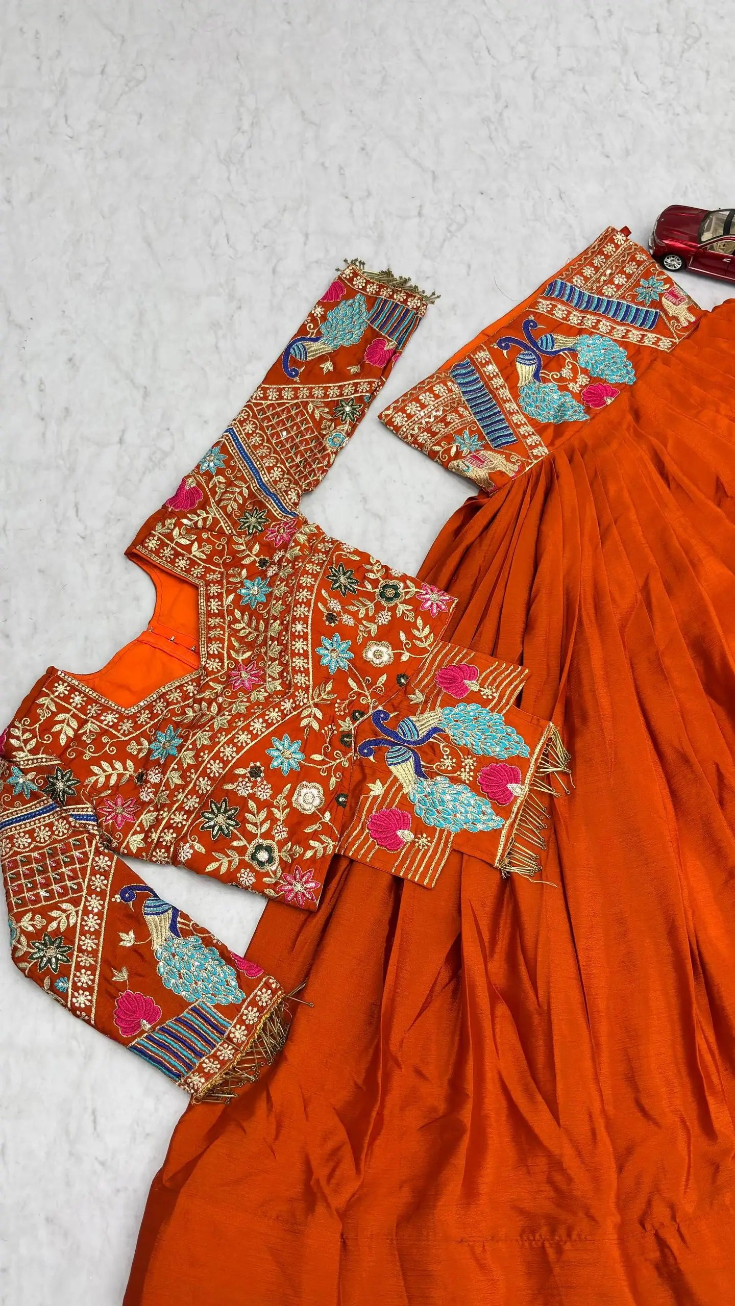 Mustard Peacock Chinon Lehenga Set