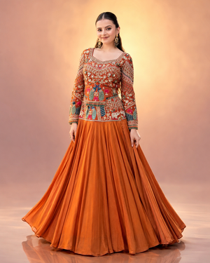 Mustard Peacock Chinon Lehenga Set