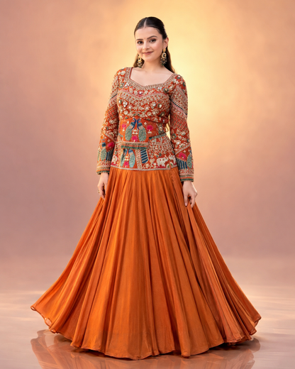 Mustard Peacock Chinon Lehenga Set