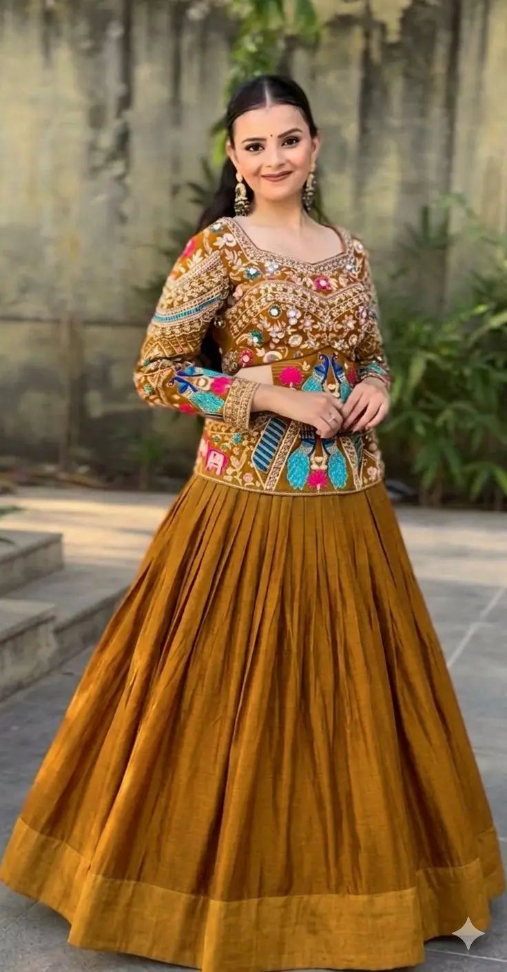 Mustard Peacock Chinon Lehenga Set