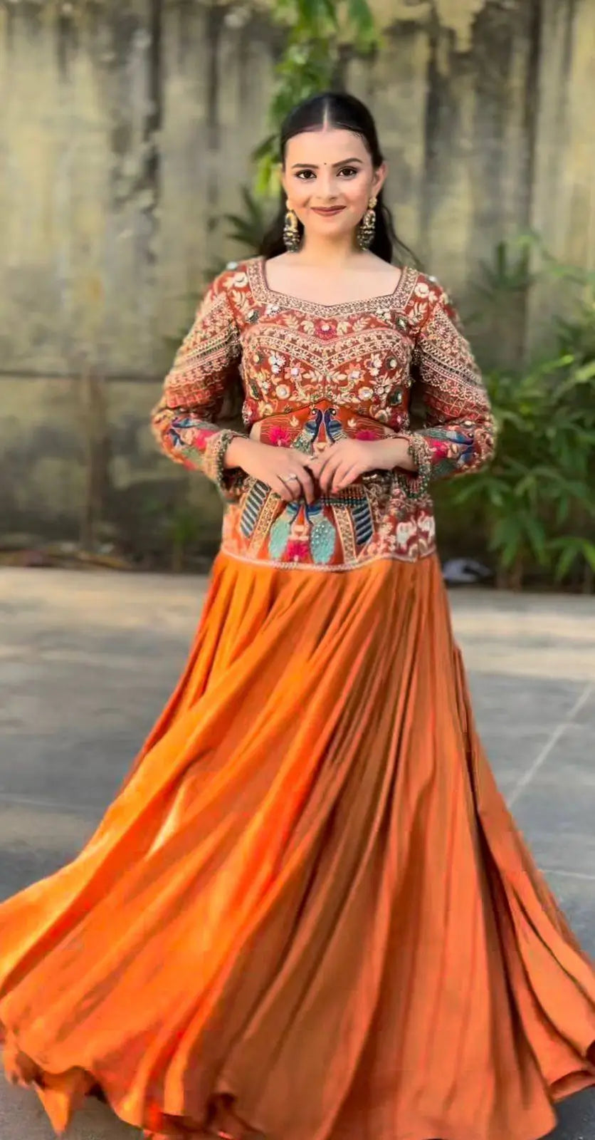 Mustard Peacock Chinon Lehenga Set