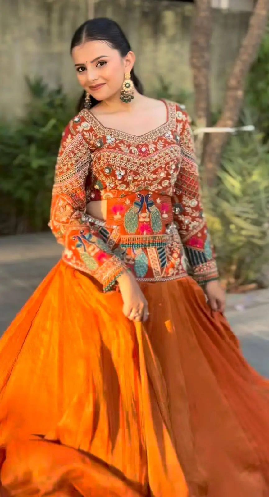 Mustard Peacock Chinon Lehenga Set