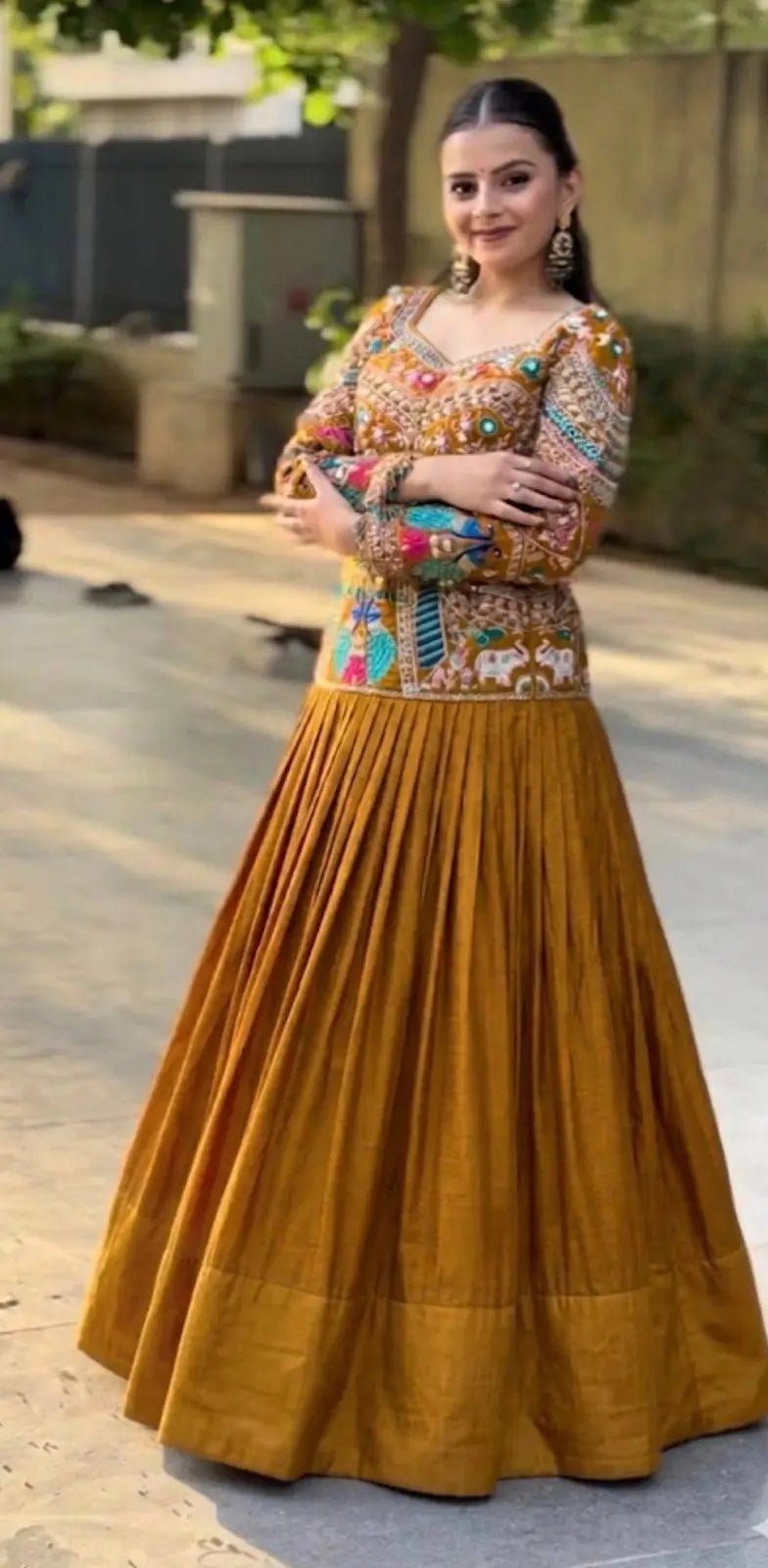 Mustard Peacock Chinon Lehenga Set