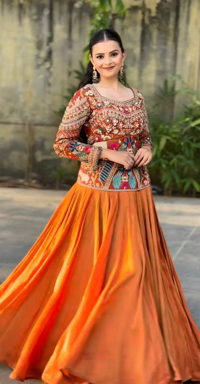Mustard Peacock Chinon Lehenga Set