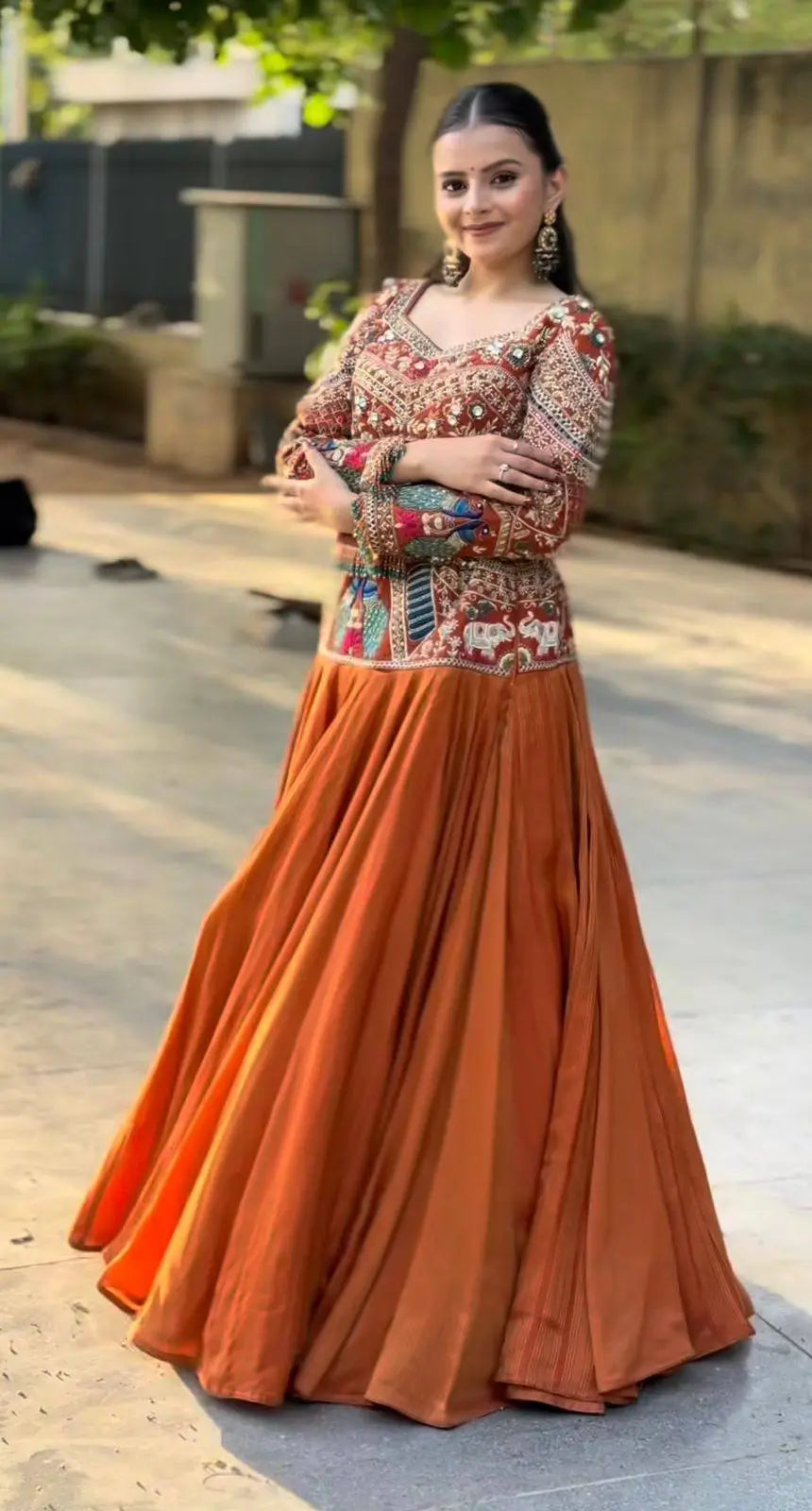 Mustard Peacock Chinon Lehenga Set
