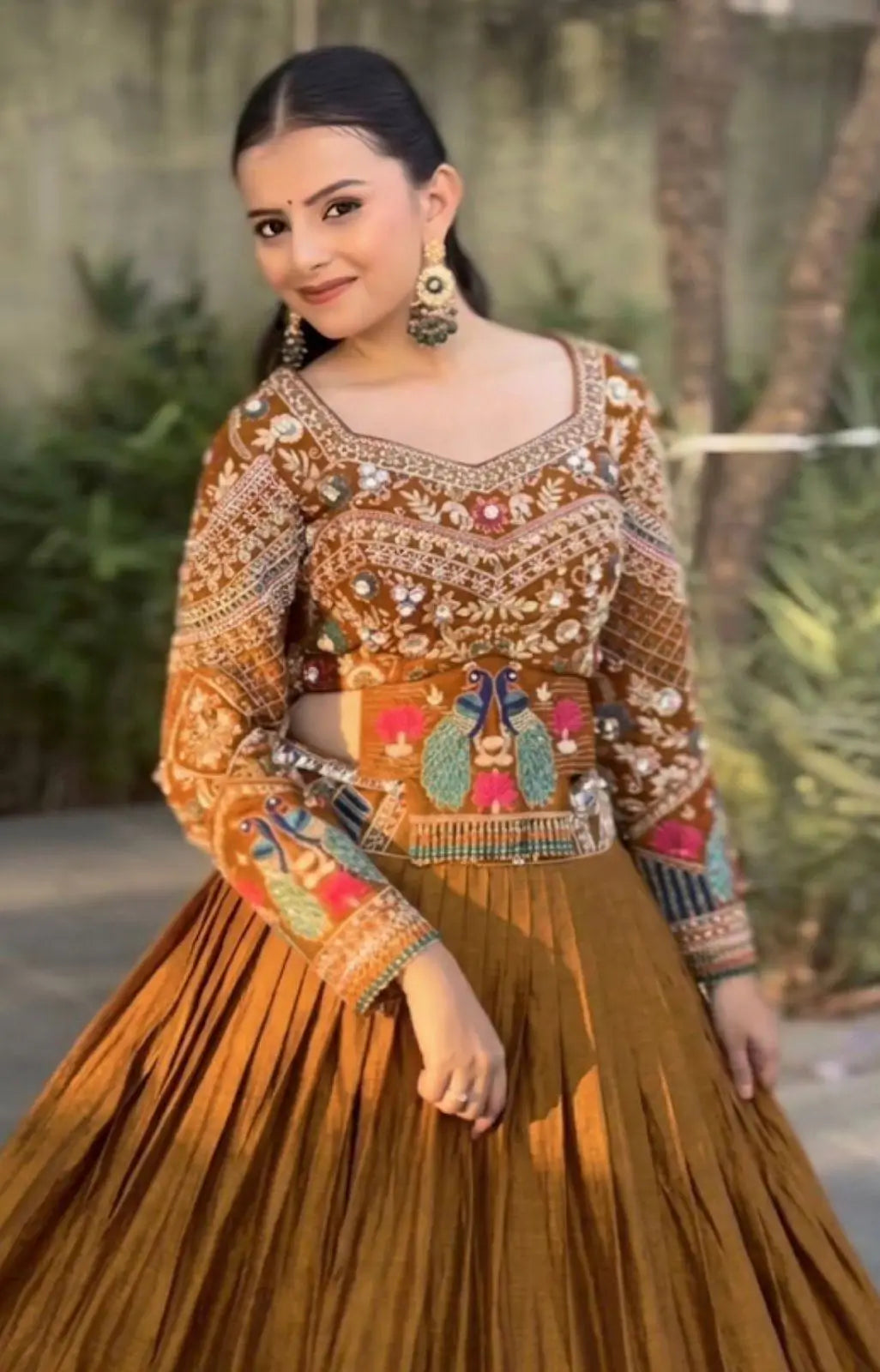 Mustard Peacock Chinon Lehenga Set