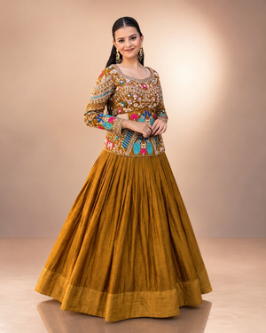 Mustard Peacock Chinon Lehenga Set