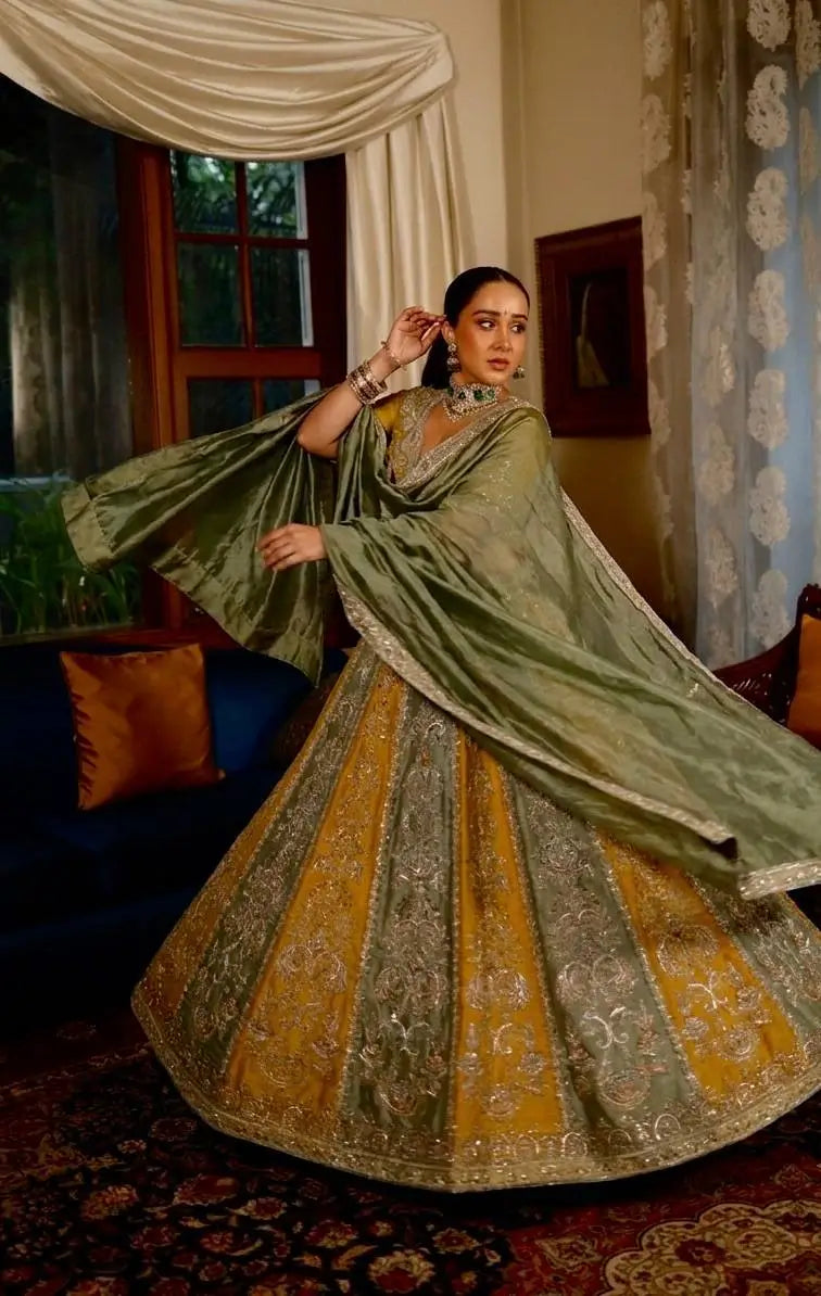 Mustard Sage Panel Lehenga Set