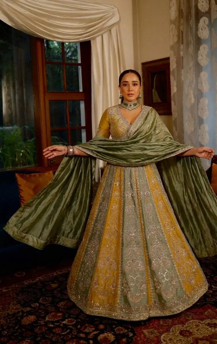 Mustard Sage Panel Lehenga Set