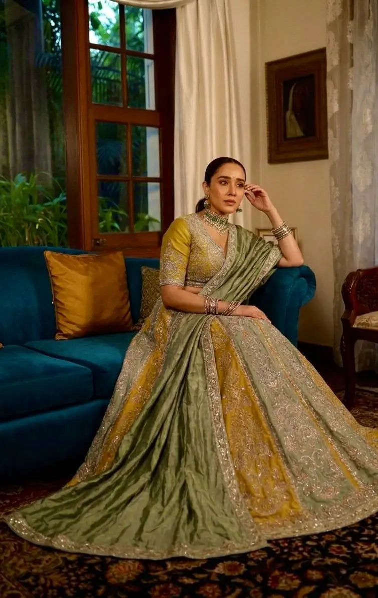 Mustard Sage Panel Lehenga Set