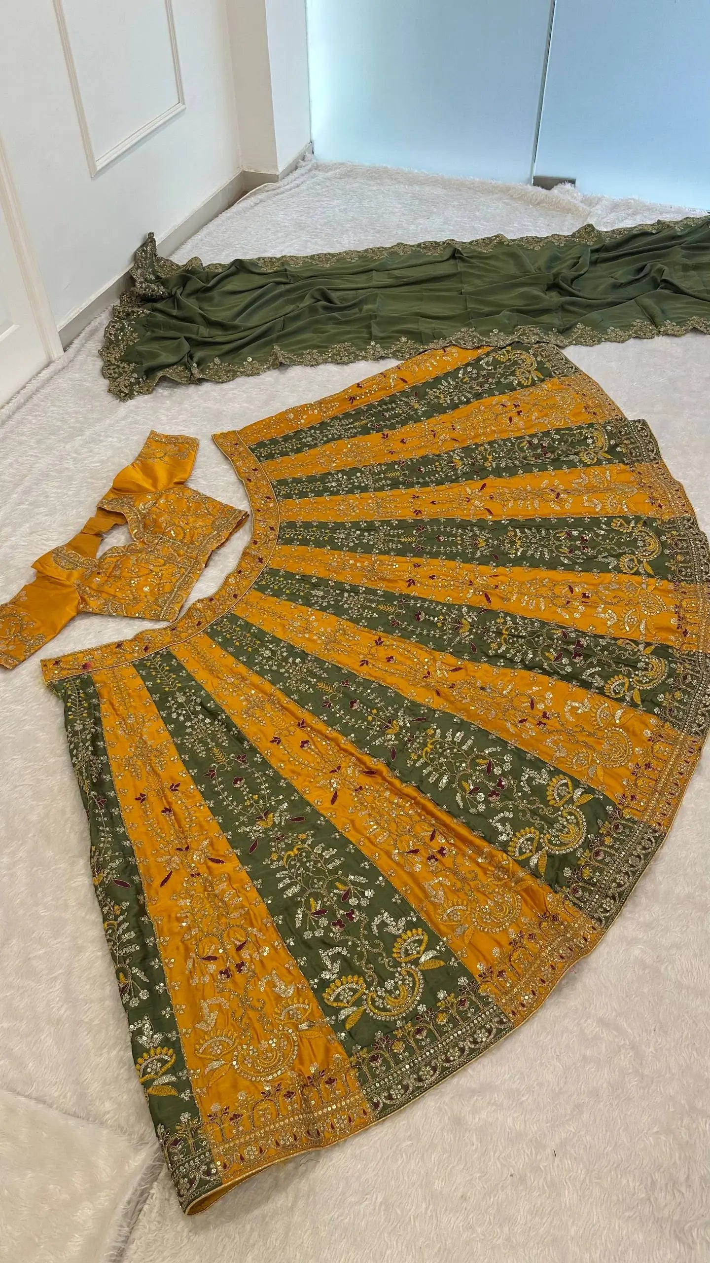 Mustard Sage Panel Lehenga Set