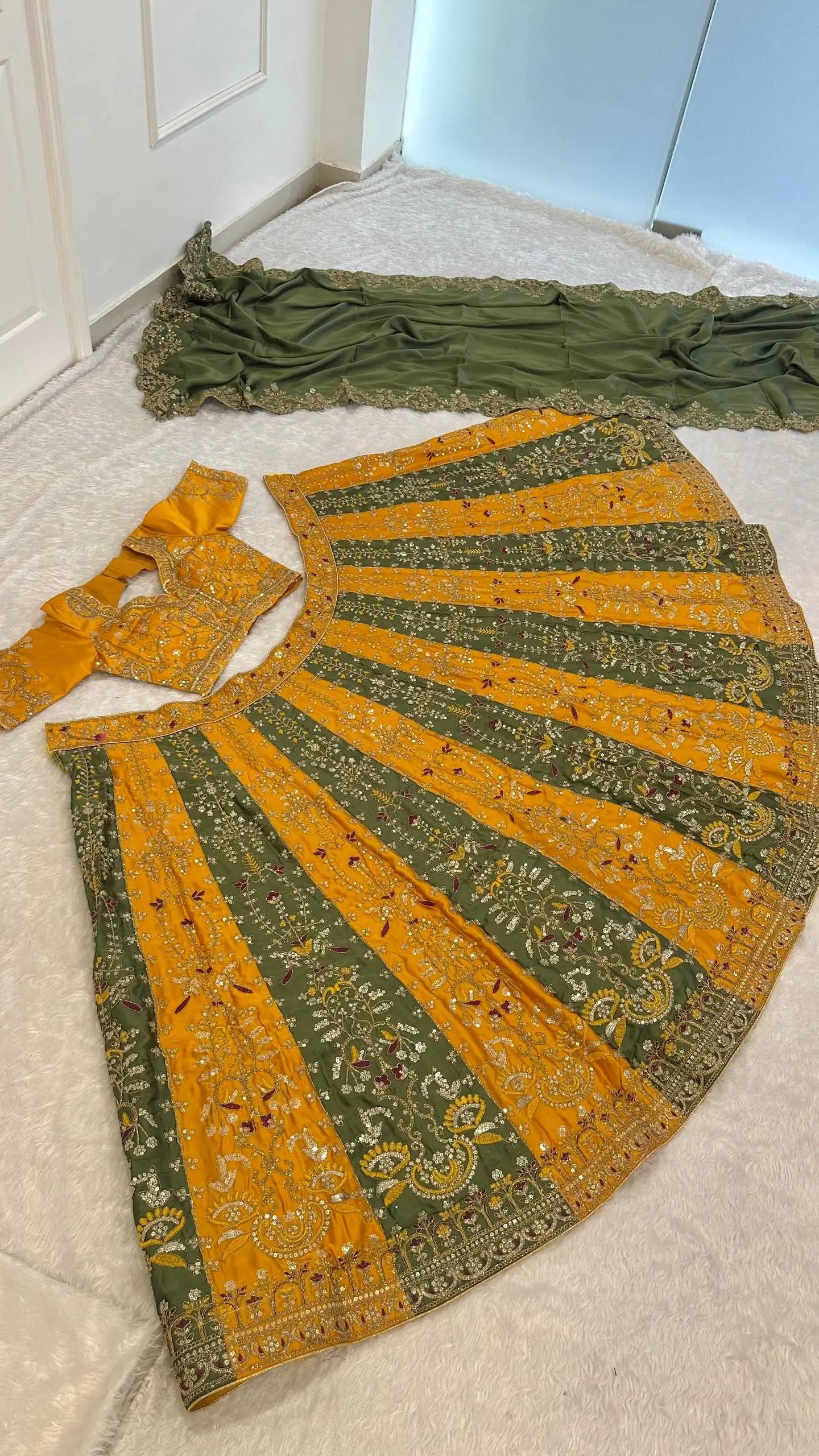Mustard Sage Panel Lehenga Set