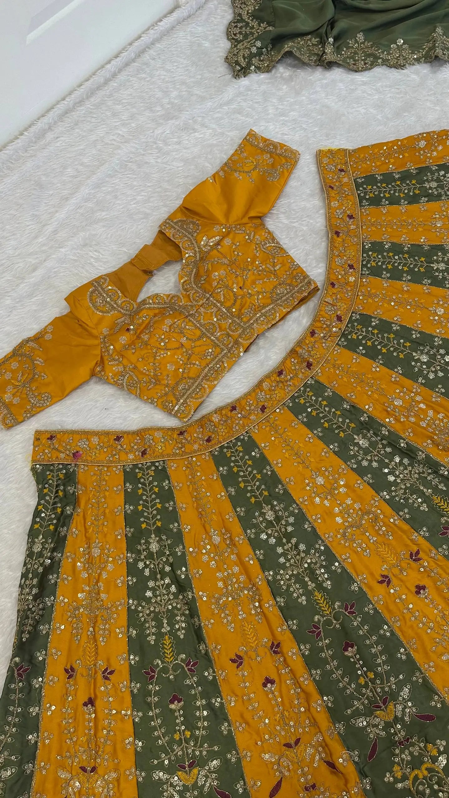 Mustard Sage Panel Lehenga Set