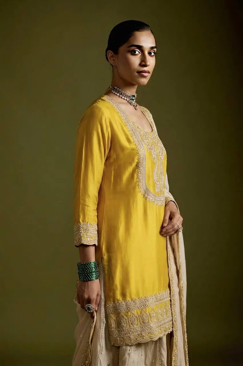 Mustard Sequin Embroidered Sharara Set
