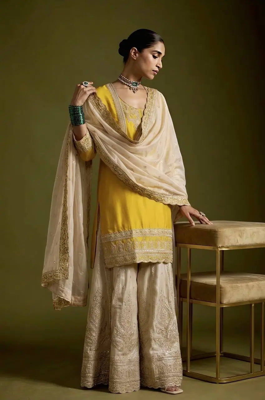 Mustard Sequin Embroidered Sharara Set