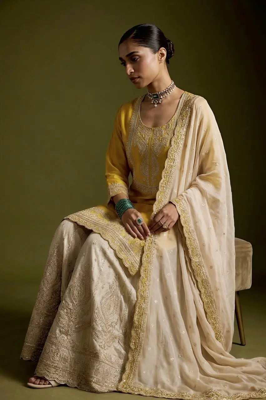 Mustard Sequin Embroidered Sharara Set