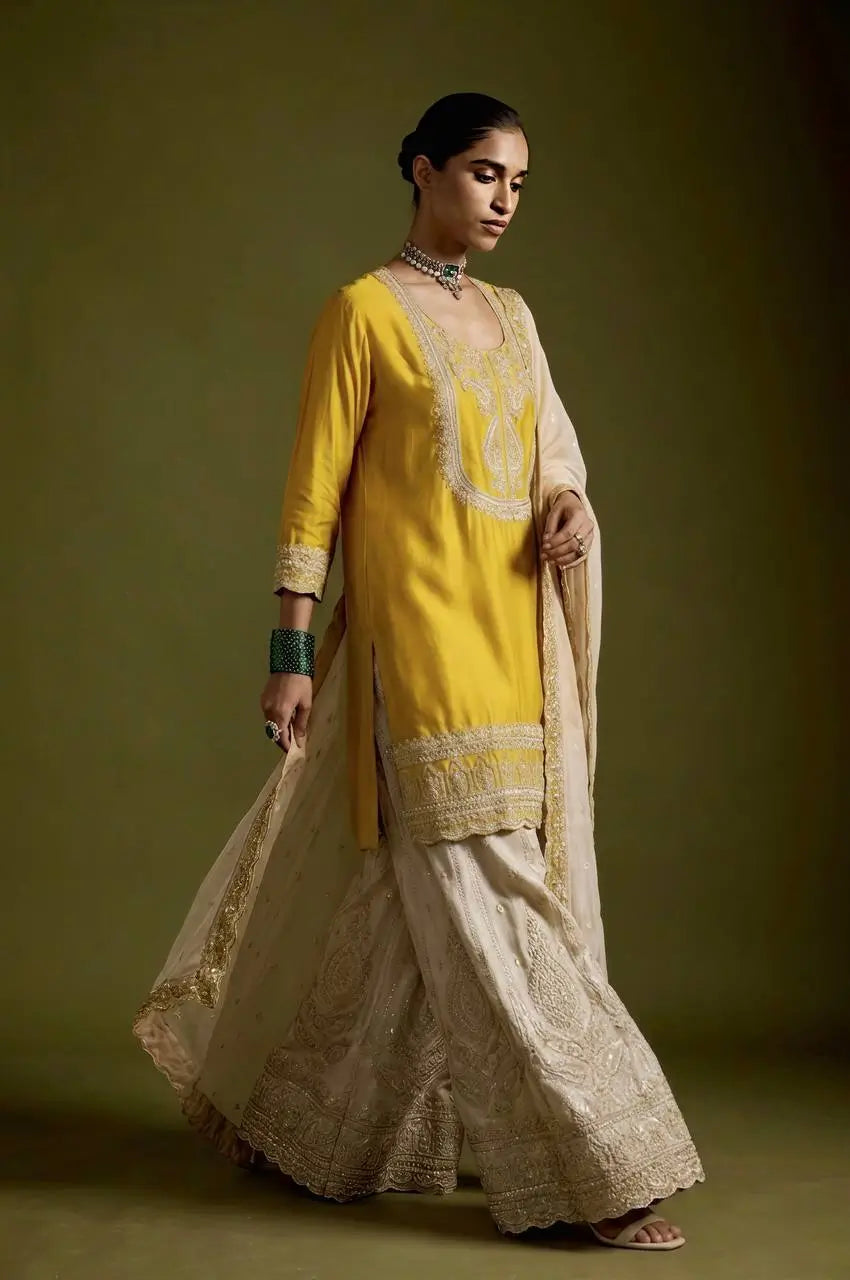 Mustard Sequin Embroidered Sharara Set