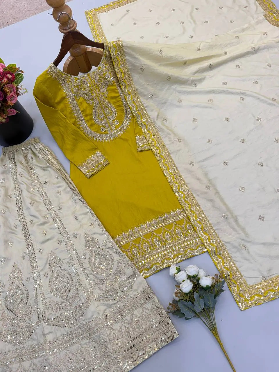 Mustard Sequin Embroidered Sharara Set