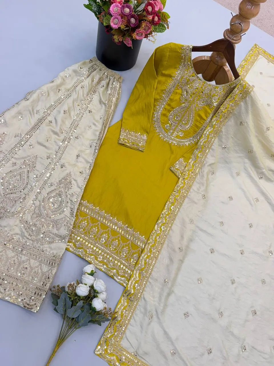 Mustard Sequin Embroidered Sharara Set
