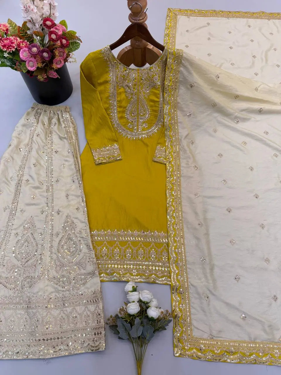 Mustard Sequin Embroidered Sharara Set
