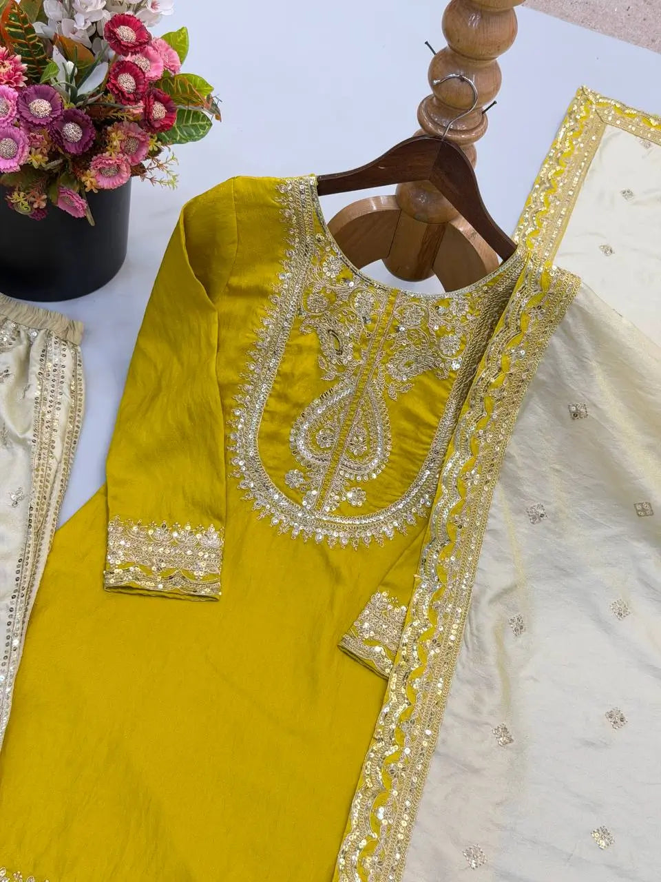 Mustard Sequin Embroidered Sharara Set