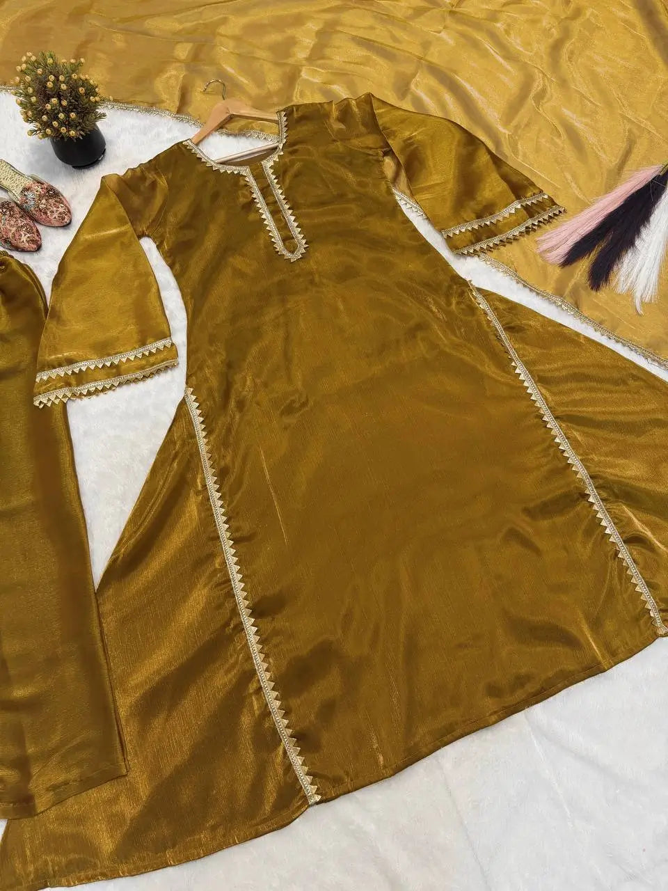 Mustard Shimmer Slit Gown
