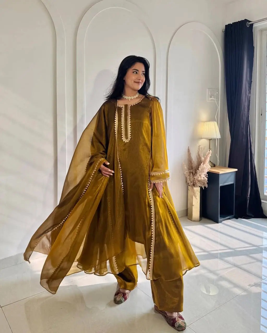 Mustard Shimmer Slit Gown