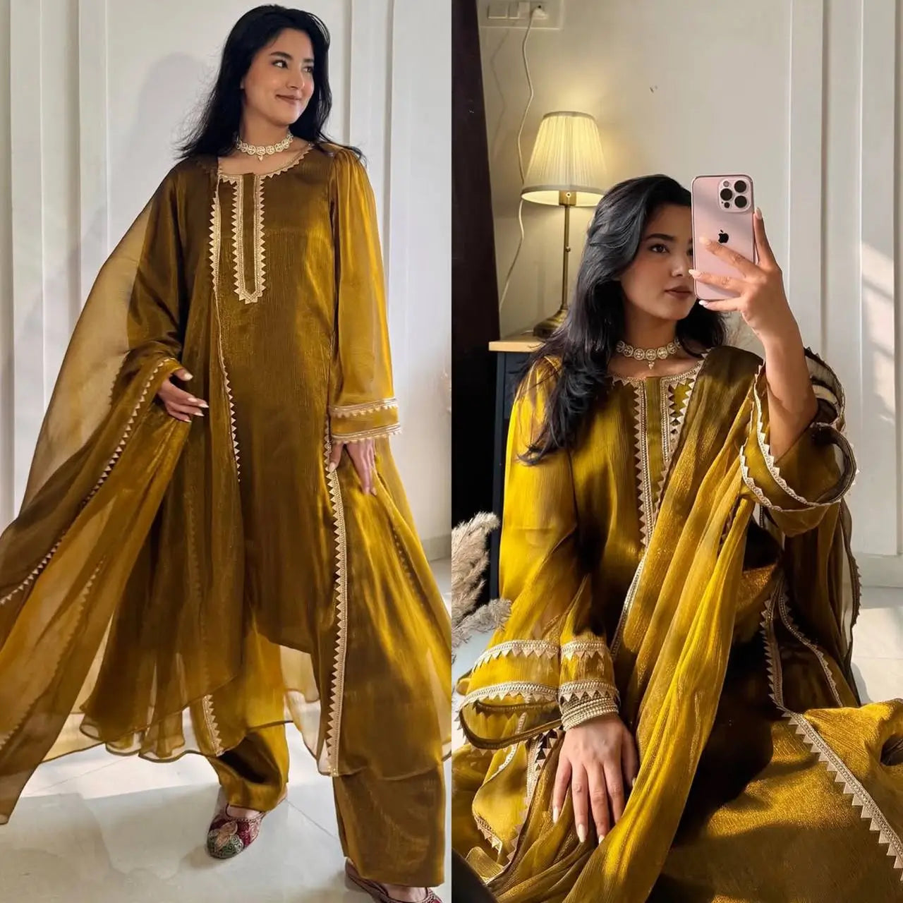 Mustard Shimmer Slit Gown