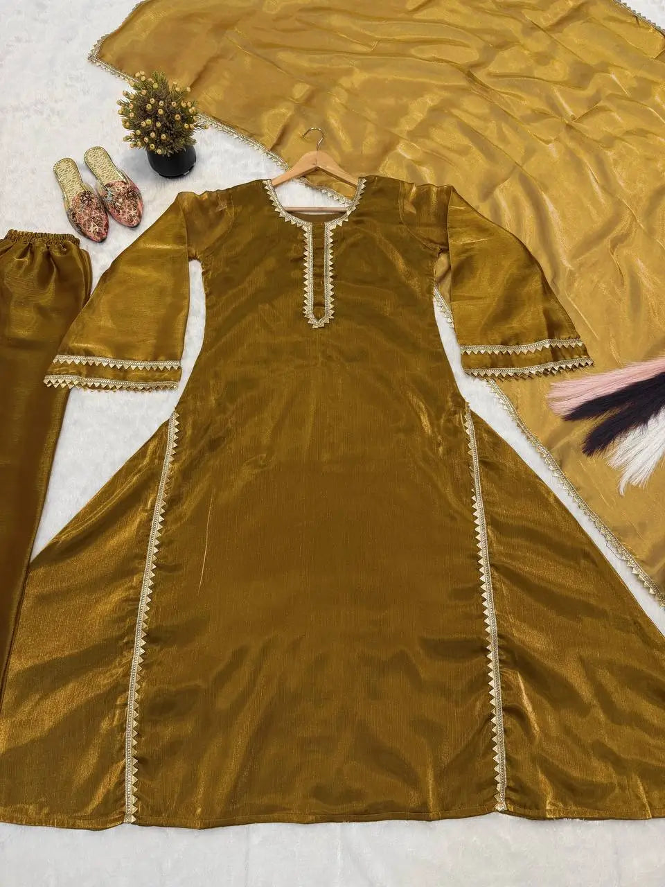 Mustard Shimmer Slit Gown