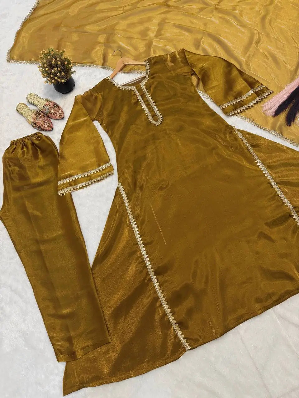 Mustard Shimmer Slit Gown