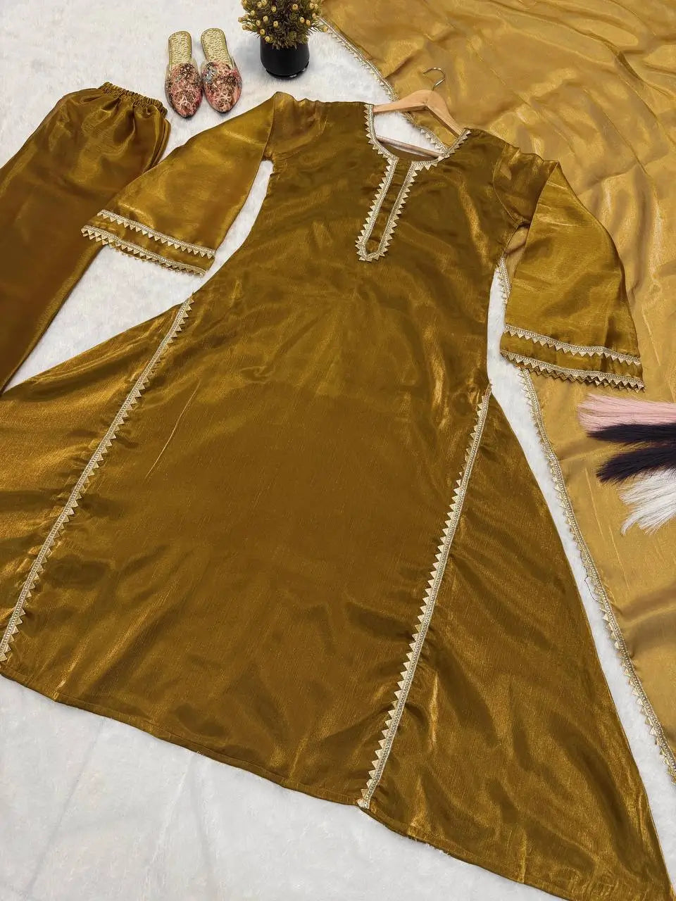 Mustard Shimmer Slit Gown